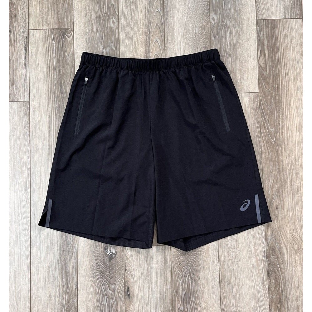 Asics Men's Sz M 9” Woven Athletic Shorts Running Gym Black Unlined Zip Pockets
